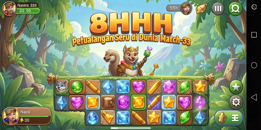 Screenshot dari gameplay 8HHH, menunjukkan keseruan mencocokkan permata.