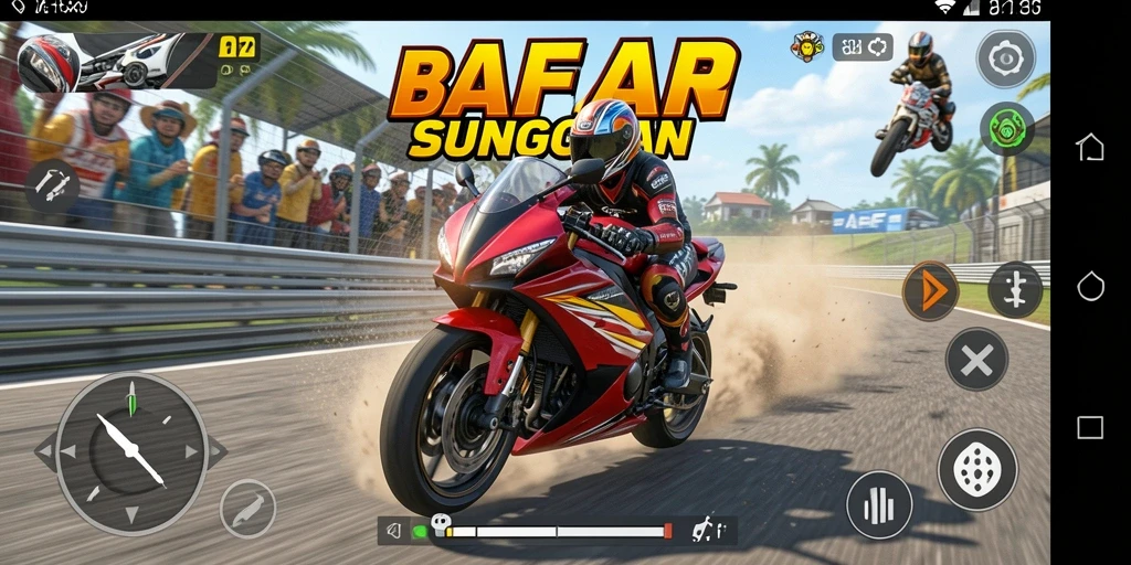 Screenshot utama AFAF menampilkan aksi balapan motor yang seru.
