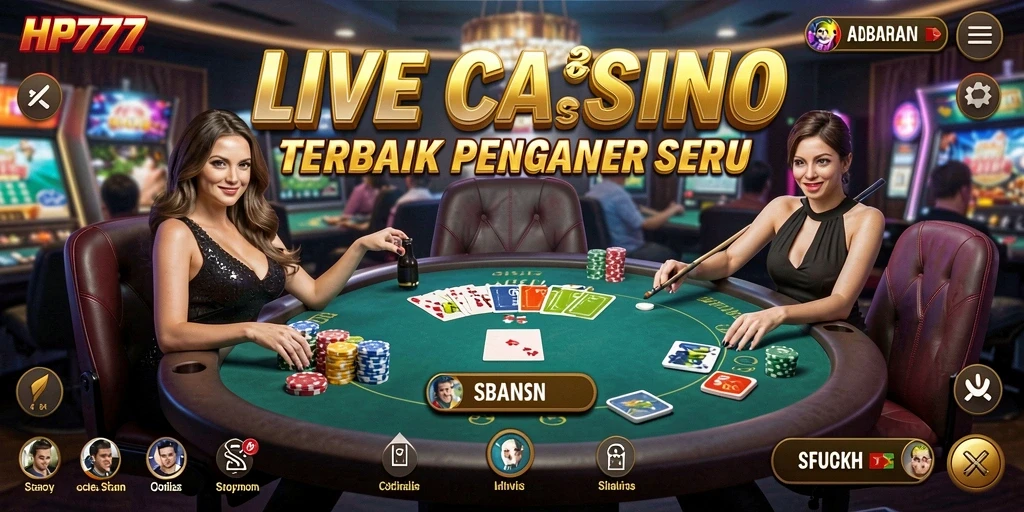 Tangkapan layar permainan HP777 menampilkan dealer langsung dan suasana kasino yang realistis.