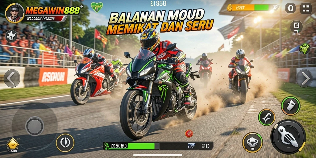 Screenshot gameplay MEGAWIN888 yang menampilkan aksi balapan motor yang mendebarkan.