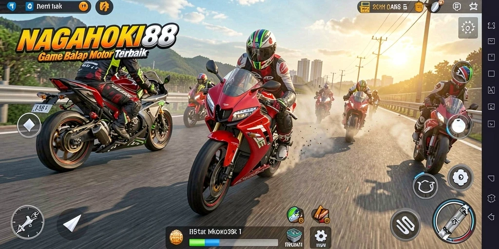Screenshot gameplay NAGAHOKI88 menampilkan aksi balap motor yang seru.