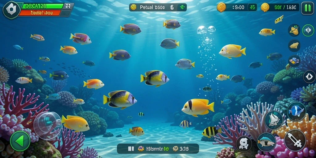 Screenshot gameplay ORCA128 menunjukkan aksi tembak ikan yang seru.