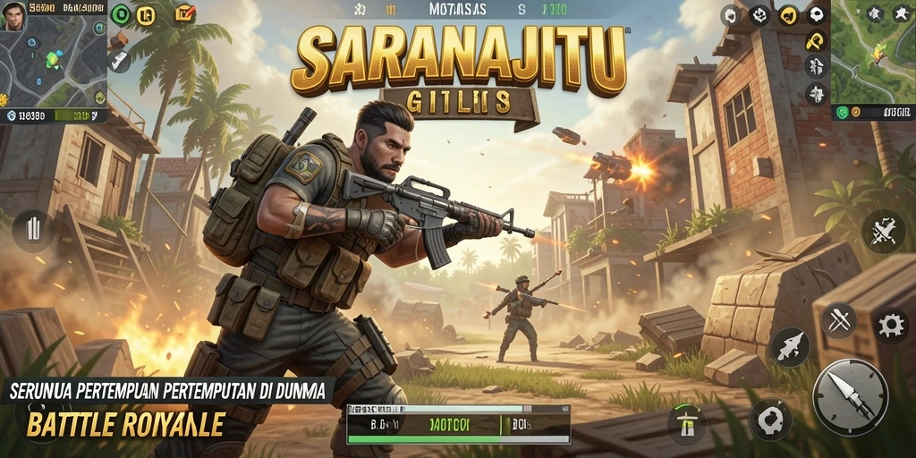 Tangkapan layar gameplay SARANAJITU menampilkan pertempuran seru di arena Battle Royale.