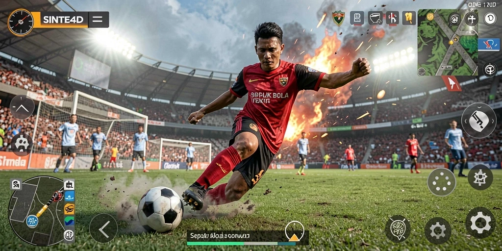Screenshot utama SINTE4D yang menampilkan aksi seru di lapangan sepak bola.