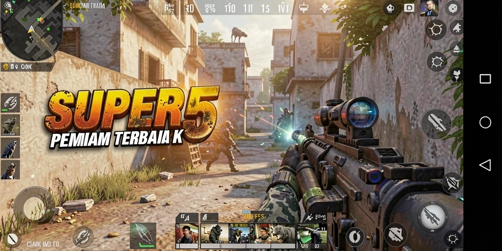 Tangkapan layar utama SUPER5 menampilkan aksi tembak-menembak mendebarkan.