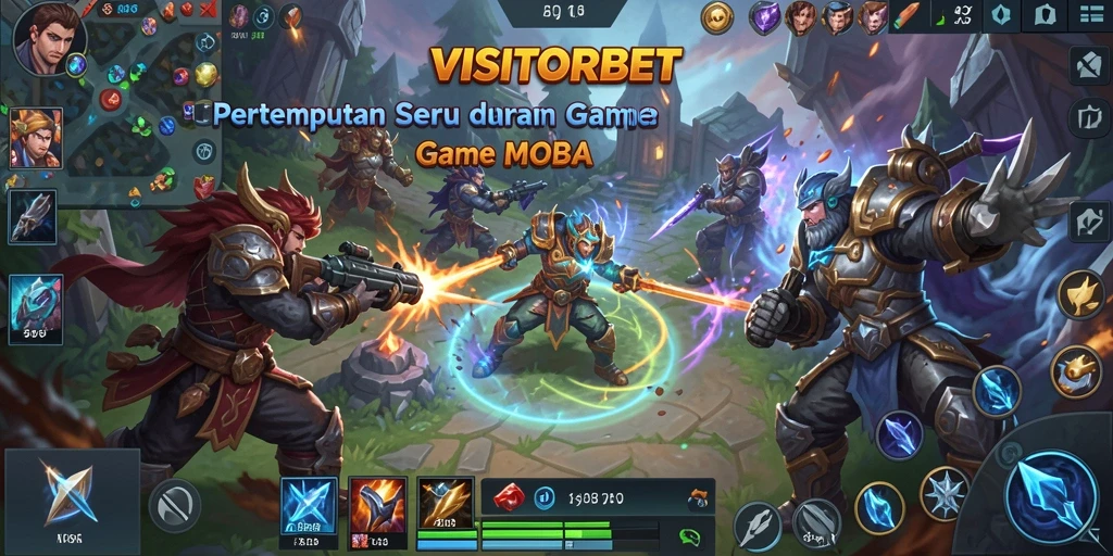 Screenshot gameplay <strong>VISITORBET</strong> menunjukkan pertempuran seru antar tim di arena.